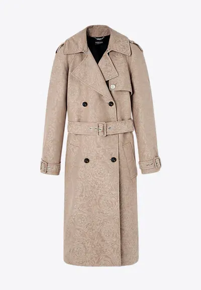 Versace Brocade Double-breasted Trench Coat In Beige