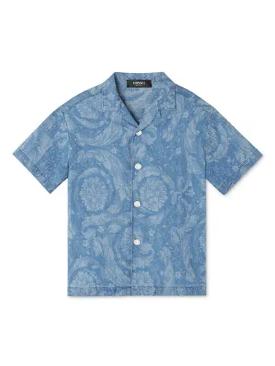 Versace Kids' Barocco-print Denim Shirt In Blue