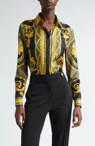 Versace Barocco Print Silk Satin Button-up Shirt In Black Dark Olive Gold