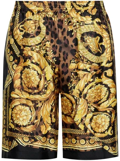 Versace Barocco Print Silk Shorts In Gold