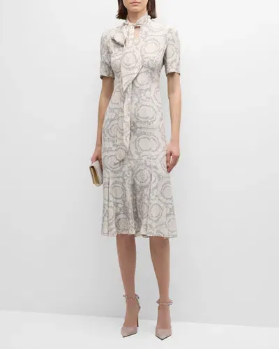 Versace Barocco Printed Crepe De Chine Dress In Gray