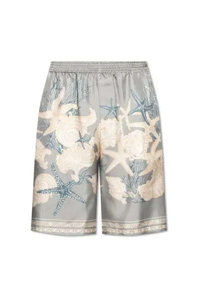 Versace Barocco Sea Print Silk Twill Shorts In Multicolor