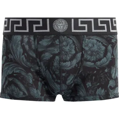 Versace Barocco Stretch Cotton Trunks In Black Grey