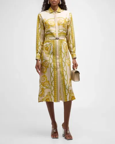 Versace Baroque Coupe De Deaux Silk Long-sleeve Belted Midi Shirtdress In Gold