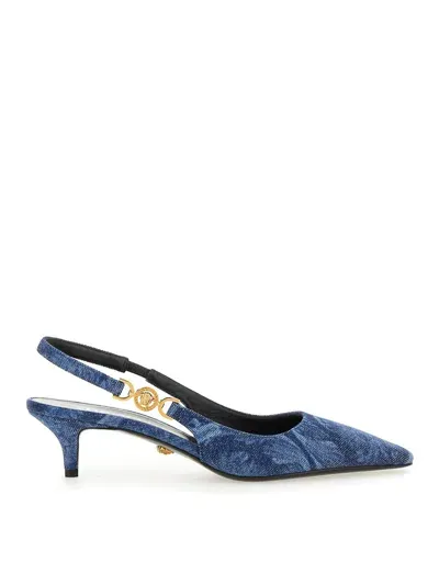 Versace 'baroque' Sling Back Kitten Heel Pumps In Blue