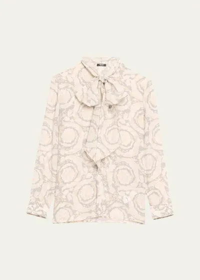 Versace Baroque Print Button-front Shirt With Tie Neck In Concrete Bone