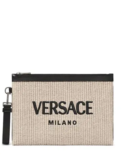 Versace Logo-embroidered Raffia Clutch Bag In Beige O Tan