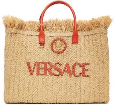 Versace Beige 'la Medusa' Raffia Tote In 2kk7v-natural+coral-