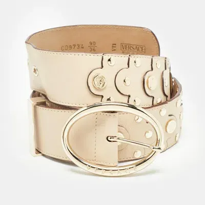 Pre-owned Versace Beige Leather Studded Oval Buckle Belt 90cm