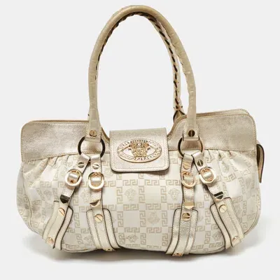 Pre-owned Versace Beige/gold Signature Canvas And Leather Medussa Buckle Satchel