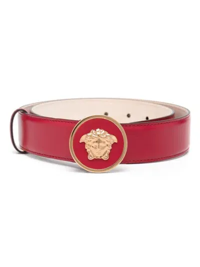 Versace Belt H.35 Calf Leather In V Lipstick Red  Gold