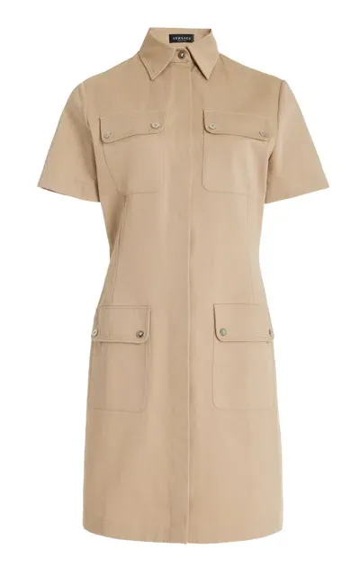 Versace Belted Cotton-gabardine Mini Dress In Beige