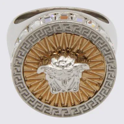 Versace Silver Tone Metal Rings In Rosso