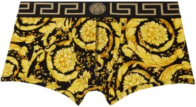 Versace Black & Gold Barocco Boxers In 5b010-black+print