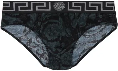 Versace Black & Gray Barocco Briefs In 5b050-black+grey