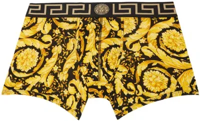 Versace Black & Yellow Barocco Long Boxers In 5b010-black+print