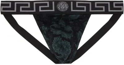 Versace Barocco-print Cotton Jockstrap In Black