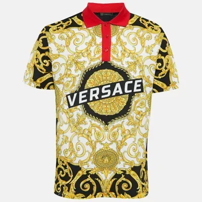 Pre-owned Versace Black Baroque Print Cotton Pique Polo T-shirt L