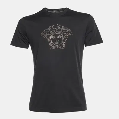 Pre-owned Versace Black Cotton Medusa Embellished Crew Neck T-shirt S