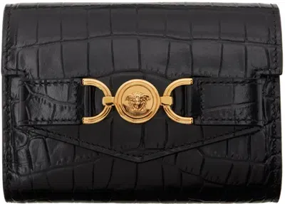 Versace Black Croc-effect Medusa '95 Trifold Wallet In 1b00v-black- Gold