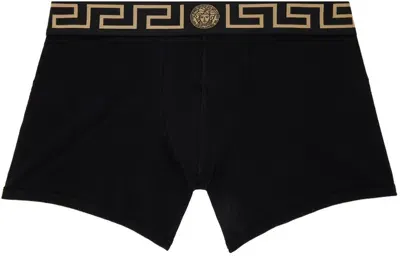 Versace Black Greca Border Long Boxers In A80g-black Gold Gre