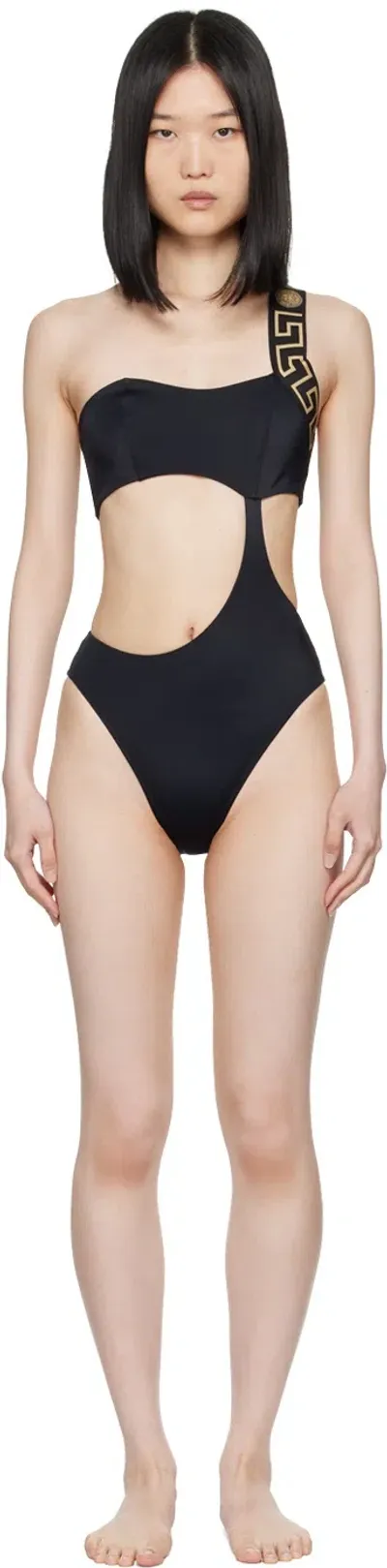 Versace Black Greca Border One-piece Swimsuit In A1008-black