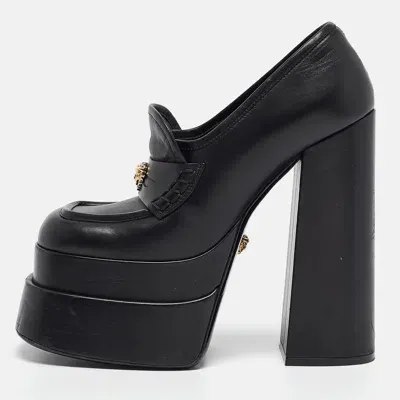 Pre-owned Versace Black Leather Aevitas Block Heel Pumps Size 36