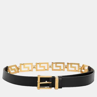 Pre-owned Versace Black Leather La Greca Leather Belt 100 Cm