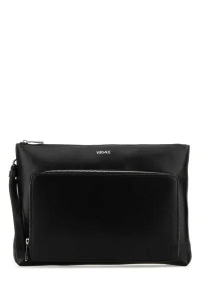 Versace Black Leather Large Cargo Clutch In Bpblackpalladium