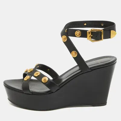 Pre-owned Versace Black Leather Medusa Wedge Sandals Size 40