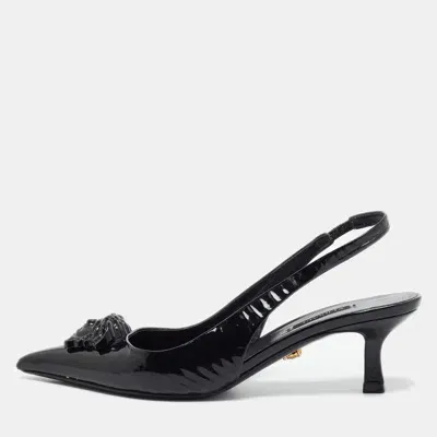 Pre-owned Versace Black Patent La Medusa Slingback Pumps Size 36.5