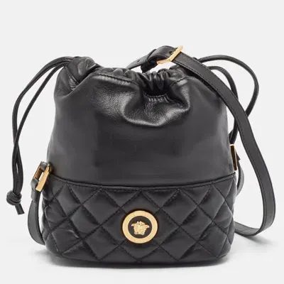 Pre-owned Versace Black Quilted Leather Medusa Drawstring Bucket Bag