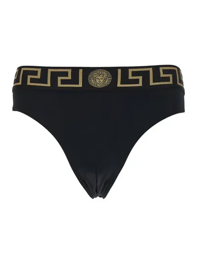 Versace Black Speedo With Greca Detail In Tech Fabric Man In Nero E Oro