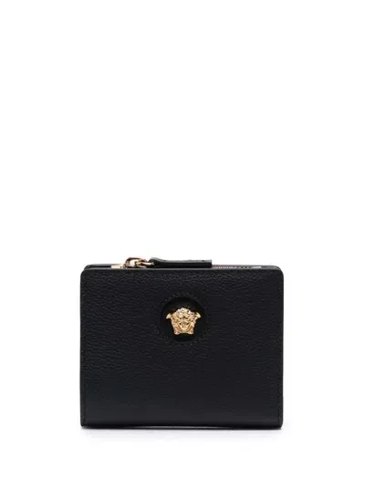 Versace Black Wallet With Medusa Patch And Snap Button In Leather Woman