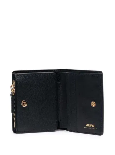 Versace Black Wallet With Medusa Patch And Snap Button In Leather Woman