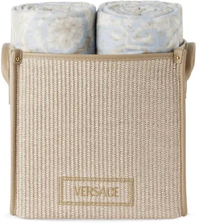 Versace Blue & Beige Barocco Floor Basket Towel Set, 5 Pcs In 5ub30