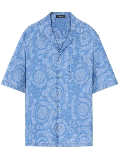 Versace Blue Barocco-print Cotton Shirt