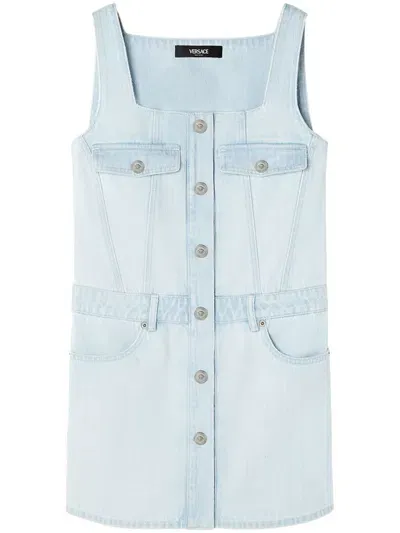 Versace Denim Elastic Waist Mini Dress In Light Blue