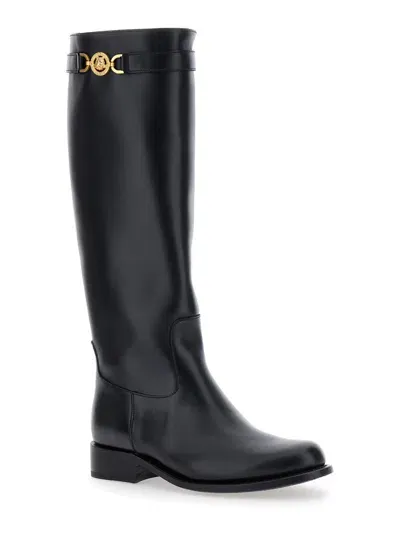 Versace 25mm Leather Tall Boots In Black