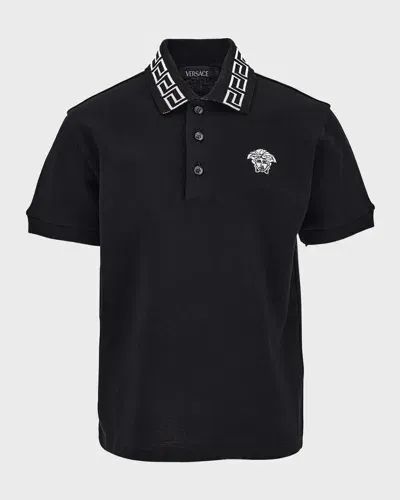 Versace Boys' Piquet Medusa Embroidery Piquet Polo - Big Kid In Black+white