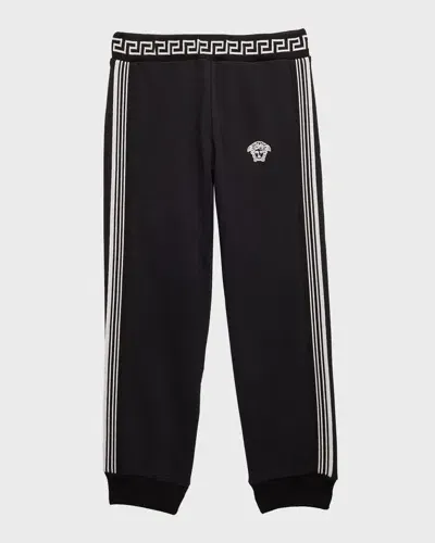 Versace Kids' Logo Embroidered Tracksuit Pants In Black/white