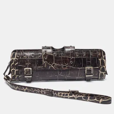 Pre-owned Versace Brown Croc Embossed Leather Wristlet Clutch