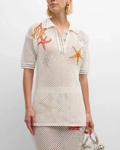 Versace Coral Embroidered Short-sleeve Crochet-knit Polo Sweater In Ivory