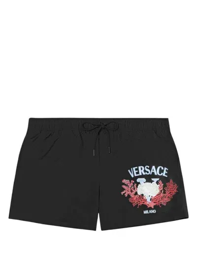 Versace Badeshorts Mit Korallen-print In Nero