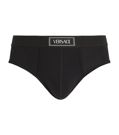 Versace Cotton Logo Low-rise Briefs In Black