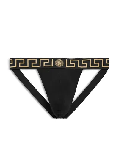 Versace Cotton Stretch Greca Border Jockstrap In Black-gold