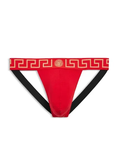 Versace Cotton Stretch Greca Border Jockstrap In Red-gold