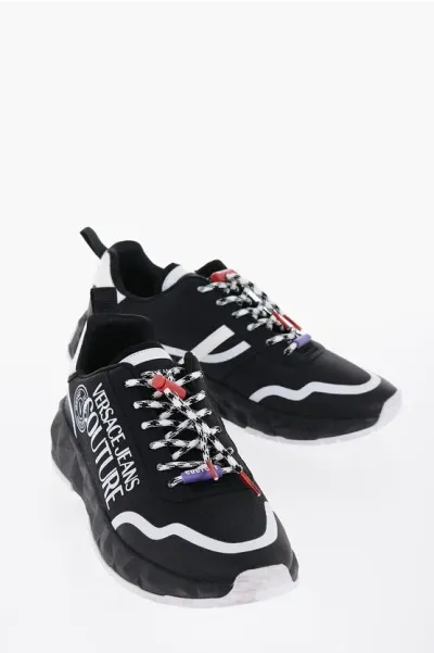 Versace Couture Low-top Sneakers With Logo Print And Drwasrings In Black