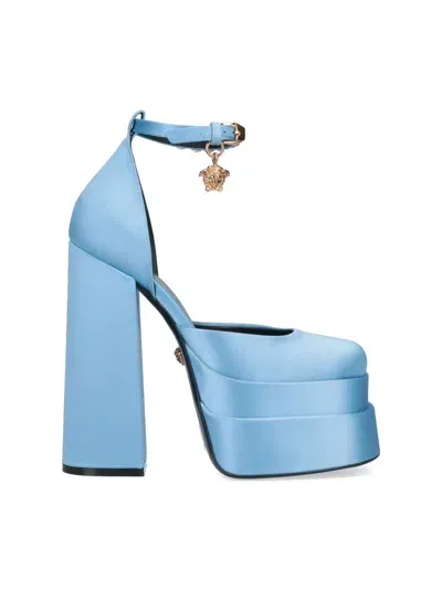 Versace Medusa Aevitas Embellished Satin Platform Pumps In Ice Blue