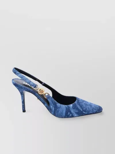 Versace Embellished Printed Denim Slingback Pumps In Azul